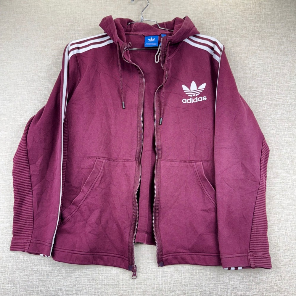 Adidas Originals Mens Large Burgundy Maroon Trefoil Full Zip Hoodie 3 Stripe
